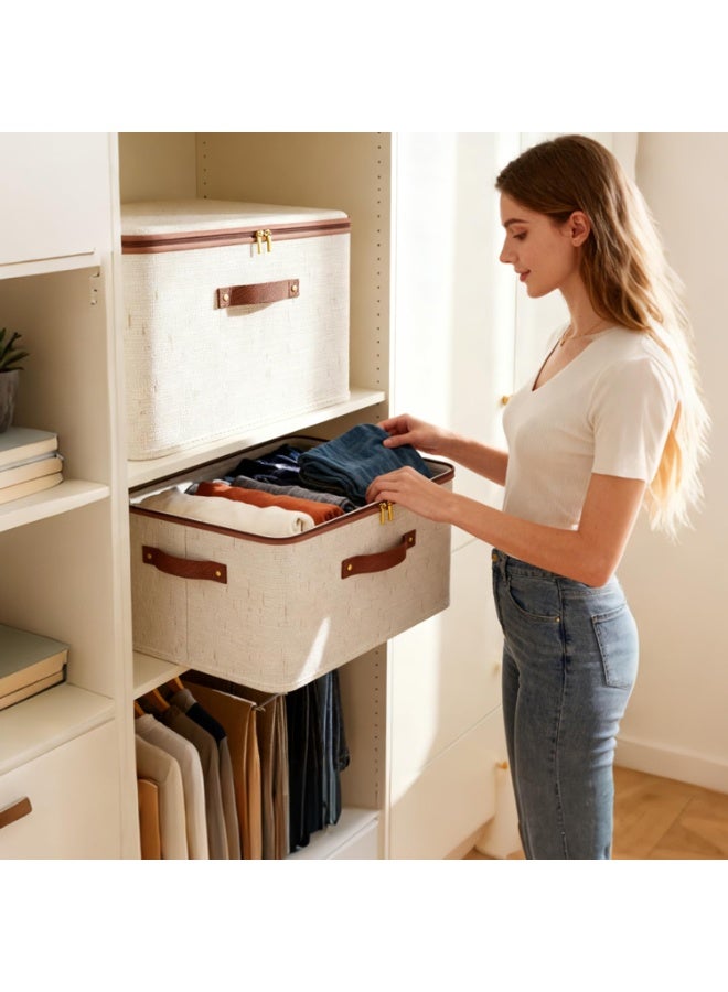LODROC 3 Pcs Storage Bins with Zipper Lid, Cotton Linen Fabric Storage Boxes, Foldable Shelves Clothes Storage Cubes with Handles for Wardrobe, Closet(Beige, 56L) - Image 3